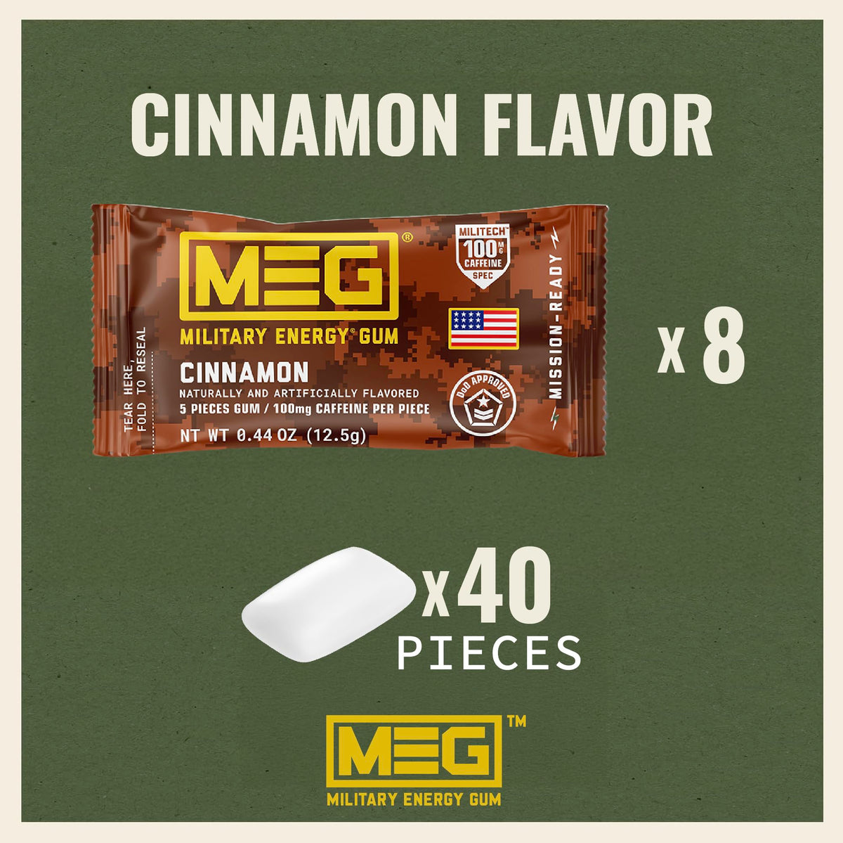MEG military energy gum piece close-up showing caffeine per piece.