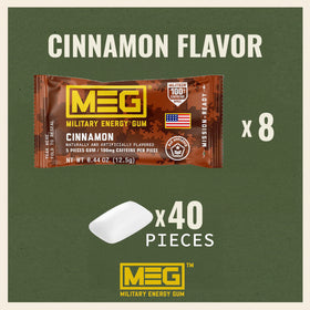 MEG military energy gum piece close-up showing caffeine per piece.