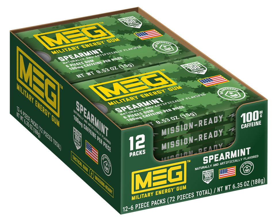 MEG Military Energy Gum spearmint pack front for quick caffeine on the go.