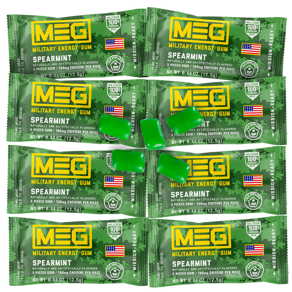 MEG Military Energy Gum spearmint pack for a fast caffeine boost on the go