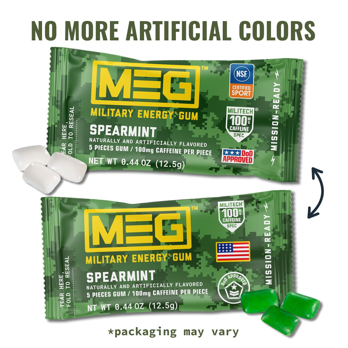 MEG Spearmint gum pack back lists servings and travel-friendly design.