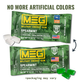 MEG Spearmint gum pack back lists servings and travel-friendly design.