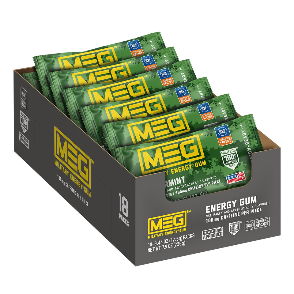 MEG Spearmint gum pack front highlight branding for quick energy on the go.