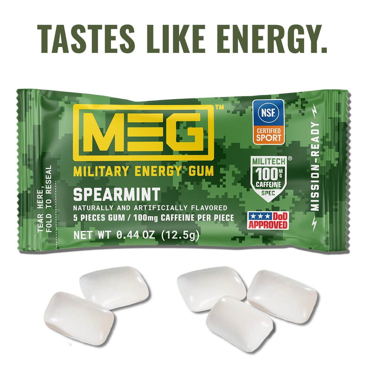 MEG Spearmint gum piece closeup showing fast caffeine delivery.