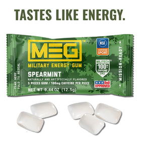 MEG Spearmint gum piece closeup showing fast caffeine delivery.