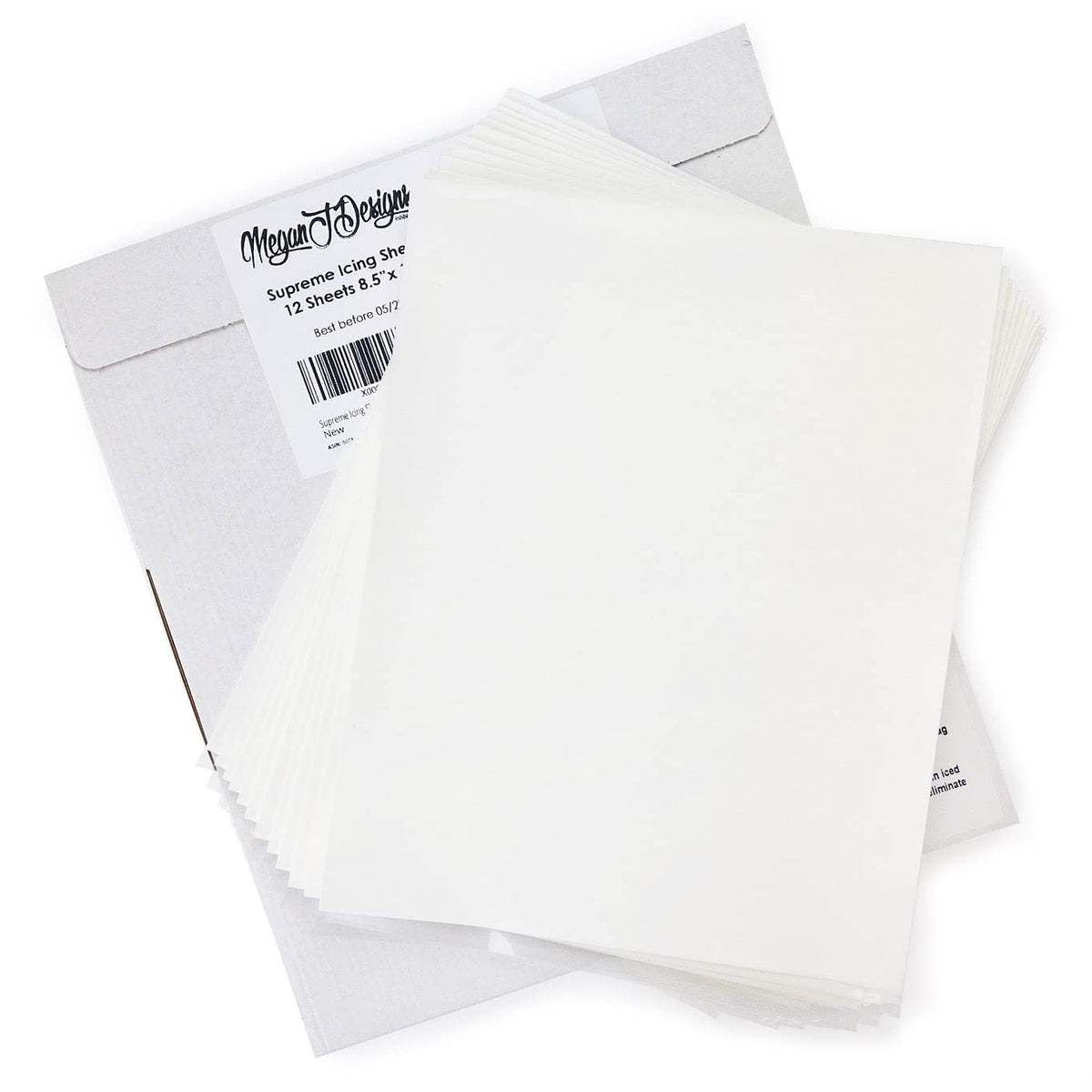 MeganJDesigns Supreme icing sheets 12-pack for crisp edible designs on cakes.