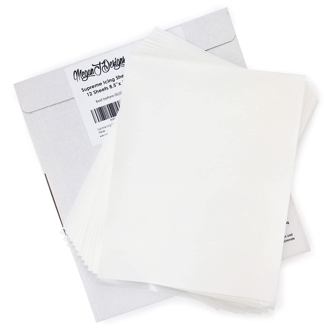 MeganJDesigns Supreme icing sheets 12-pack for crisp edible designs on cakes.