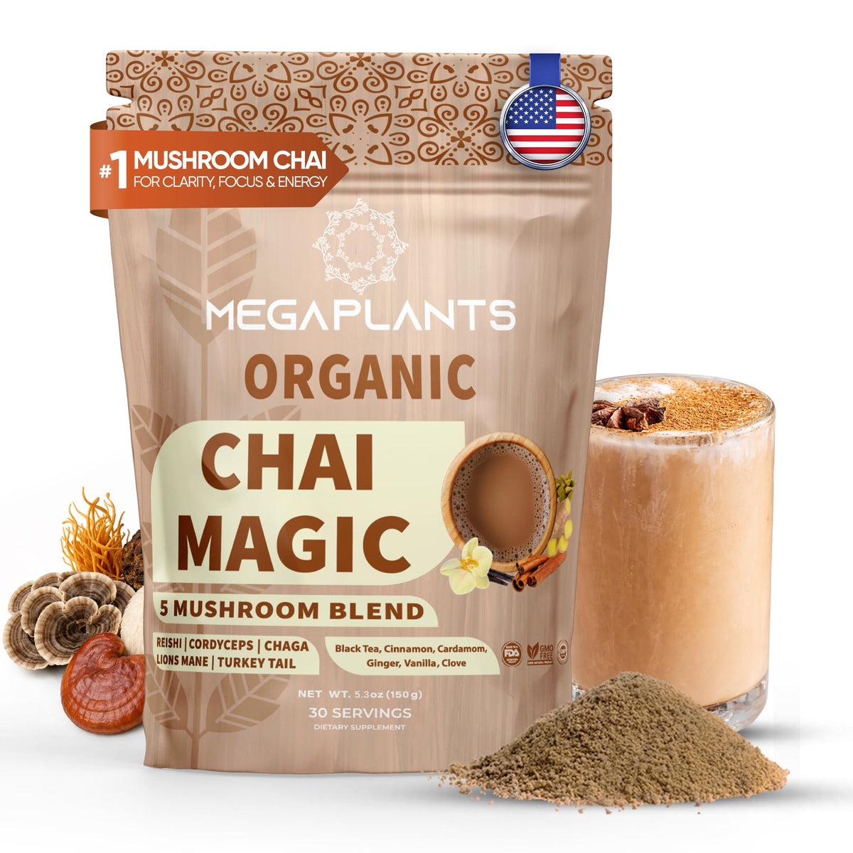 Megaplants Chai Magic bag displays rich masala chai blend for daily focus