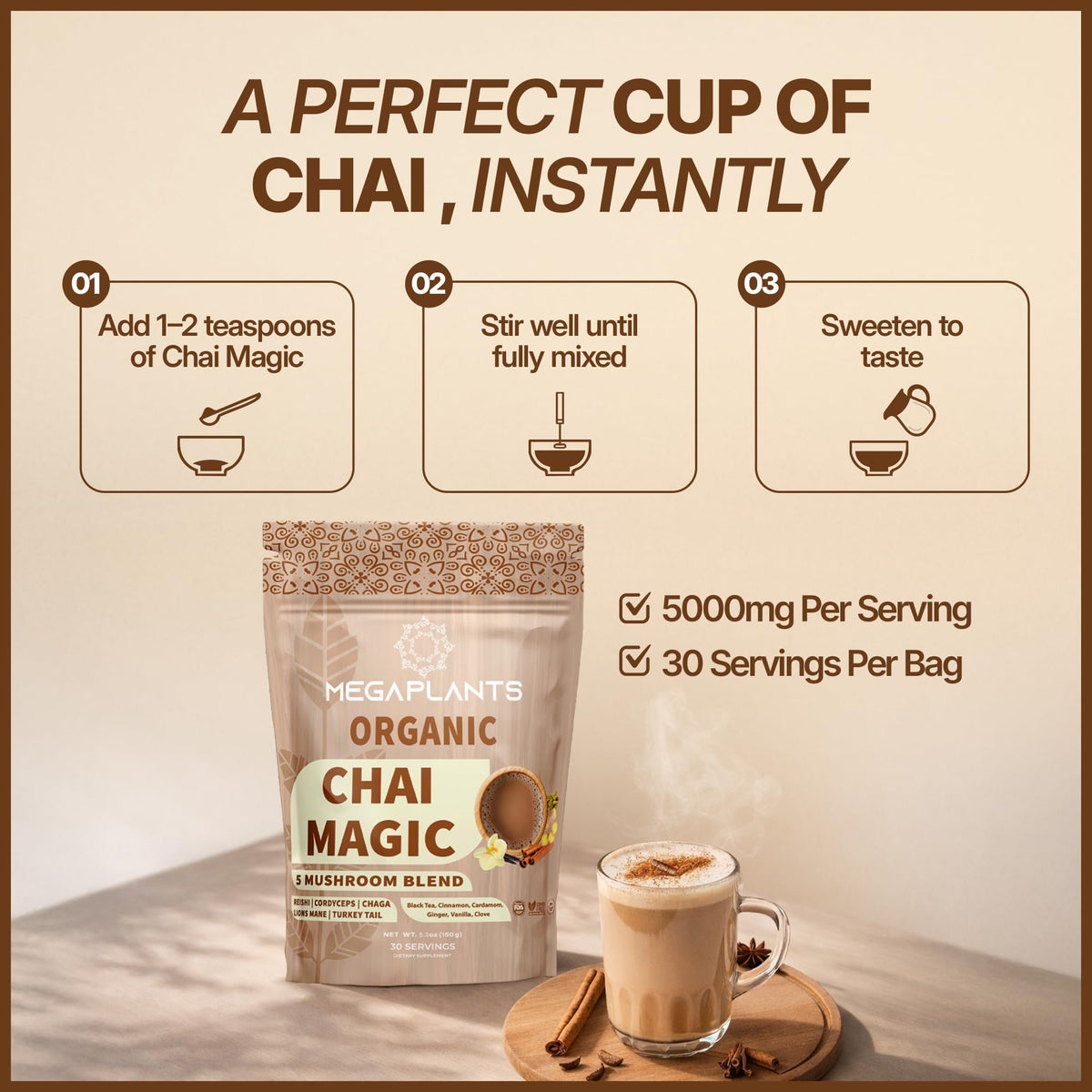 Cup of prepared Chai Magic shows inviting aroma and smooth flavor