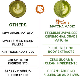 MEGAPLANTS Matcha Magic ingredients display shows organic mushrooms and ceremonial matcha sourcing.