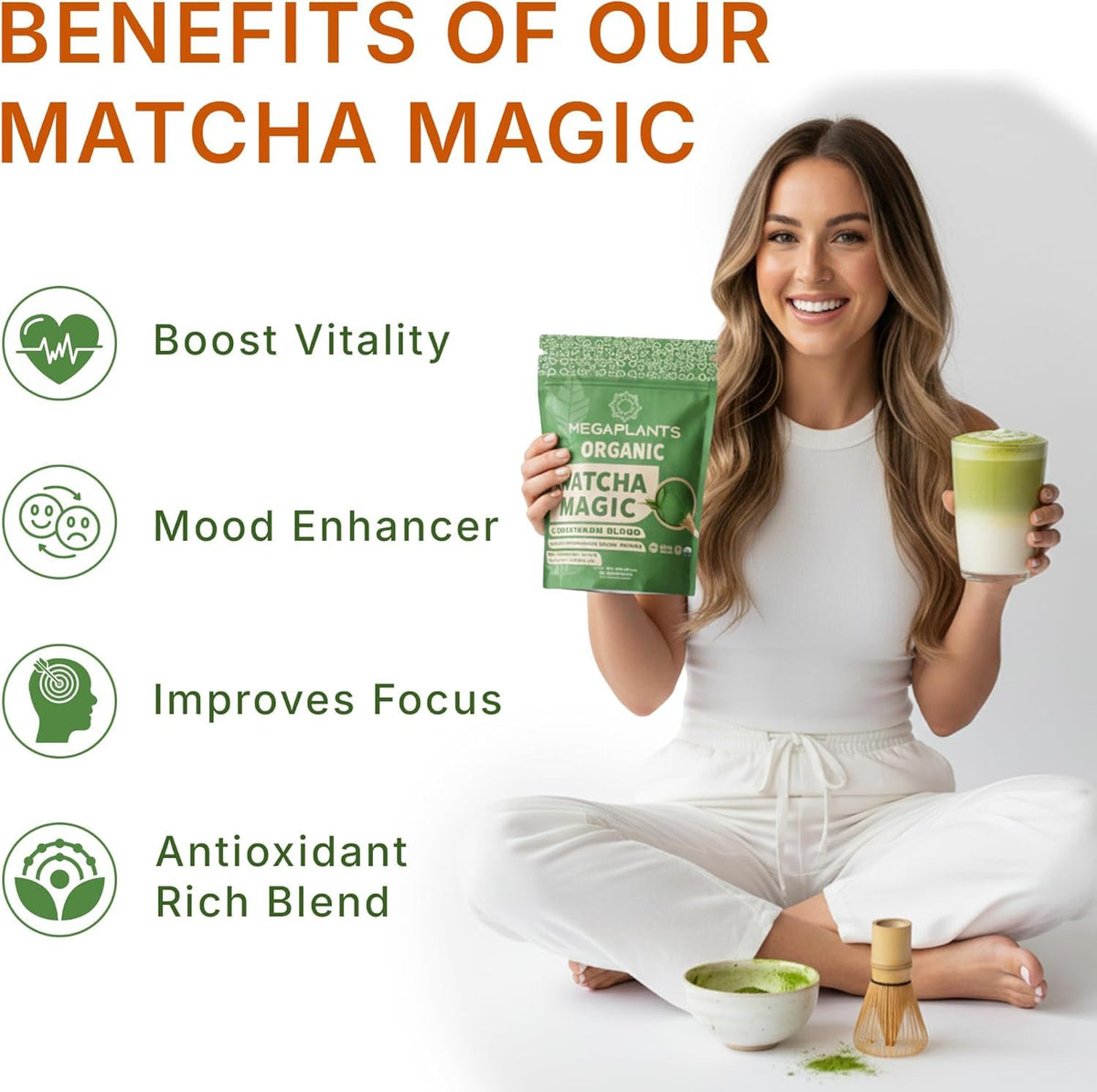 MEGAPLANTS Matcha Magic powder closeup emphasizes vibrant jade color and premium quality.