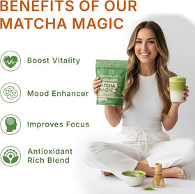 MEGAPLANTS Matcha Magic powder closeup emphasizes vibrant jade color and premium quality.