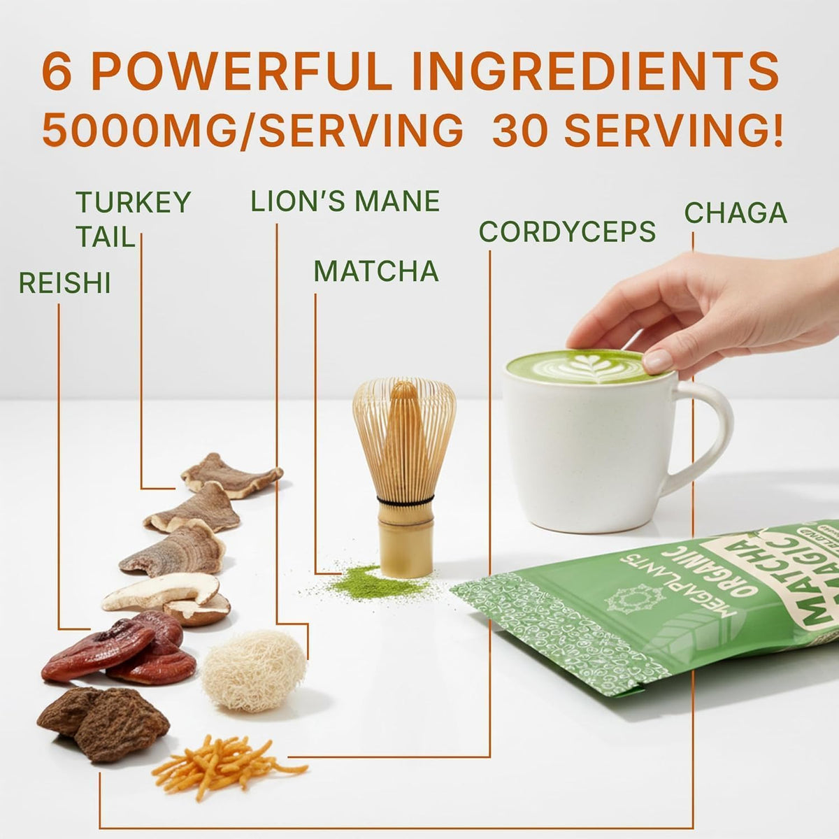 MEGAPLANTS Matcha Magic scoop image highlights convenient serving for hot or cold drinks.