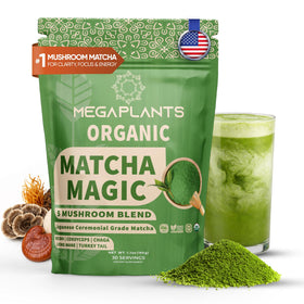 MEGAPLANTS Mushroom Matcha Magic jar showcases ceremonial-grade powder for a balanced energy boost.