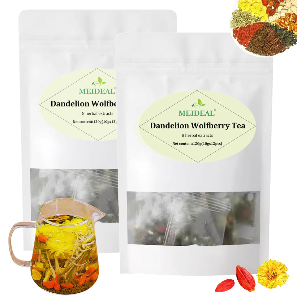 Meideal dandelion wolfberry tea bag close-up highlights caffeine-free calming blend