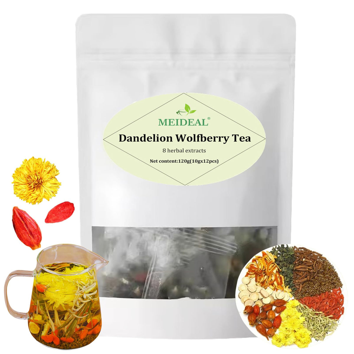 Meideal Dandelion Wolfberry Tea pack with 12 bags for daily refreshment
