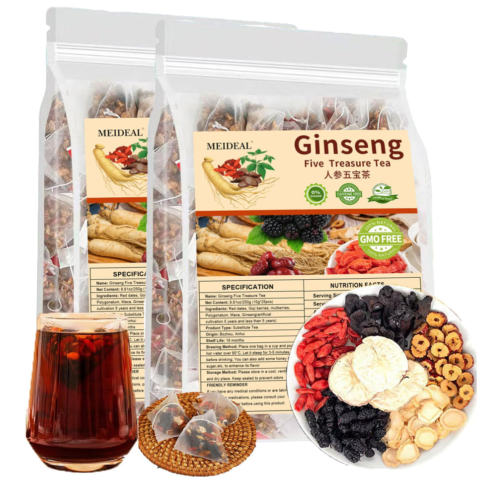 Meideal Ginseng Five Treasures Tea box front showing the 6-ingredient blend