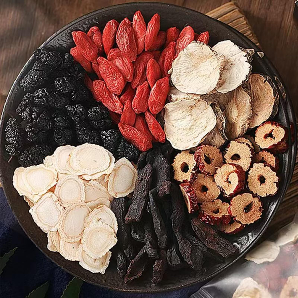 Close look at dried red dates, goji berries, and maca in the blend