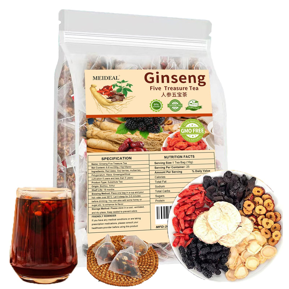 Meideal Ginseng Five Treasures Tea pack ready for daily ritual.
