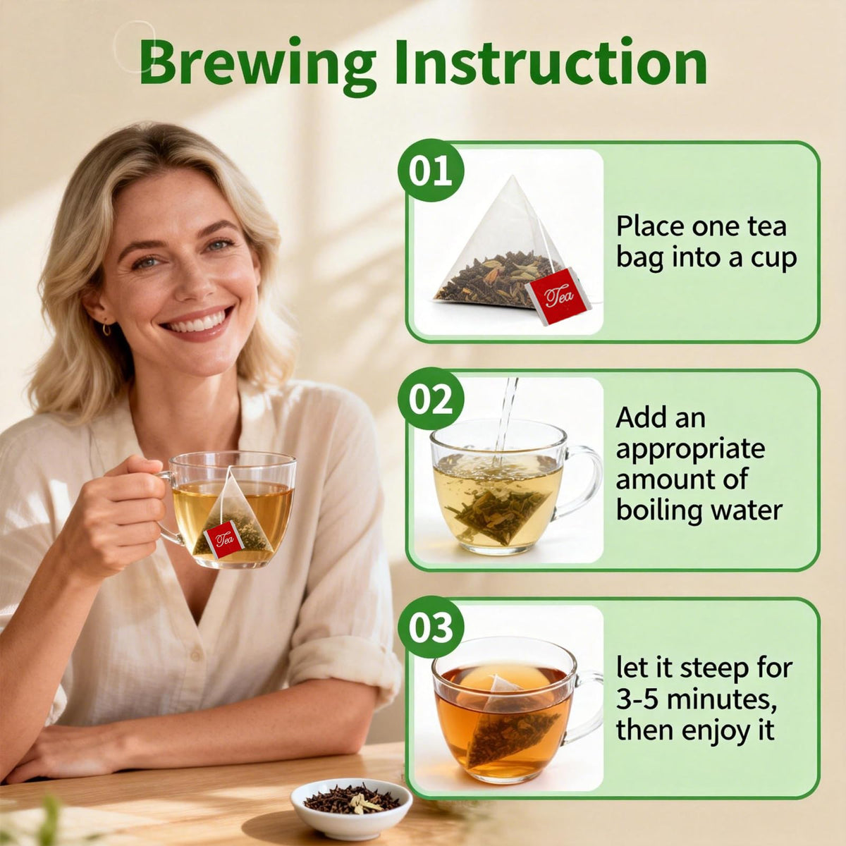Meideal steeped tea cup reveals a mild herbal aroma.