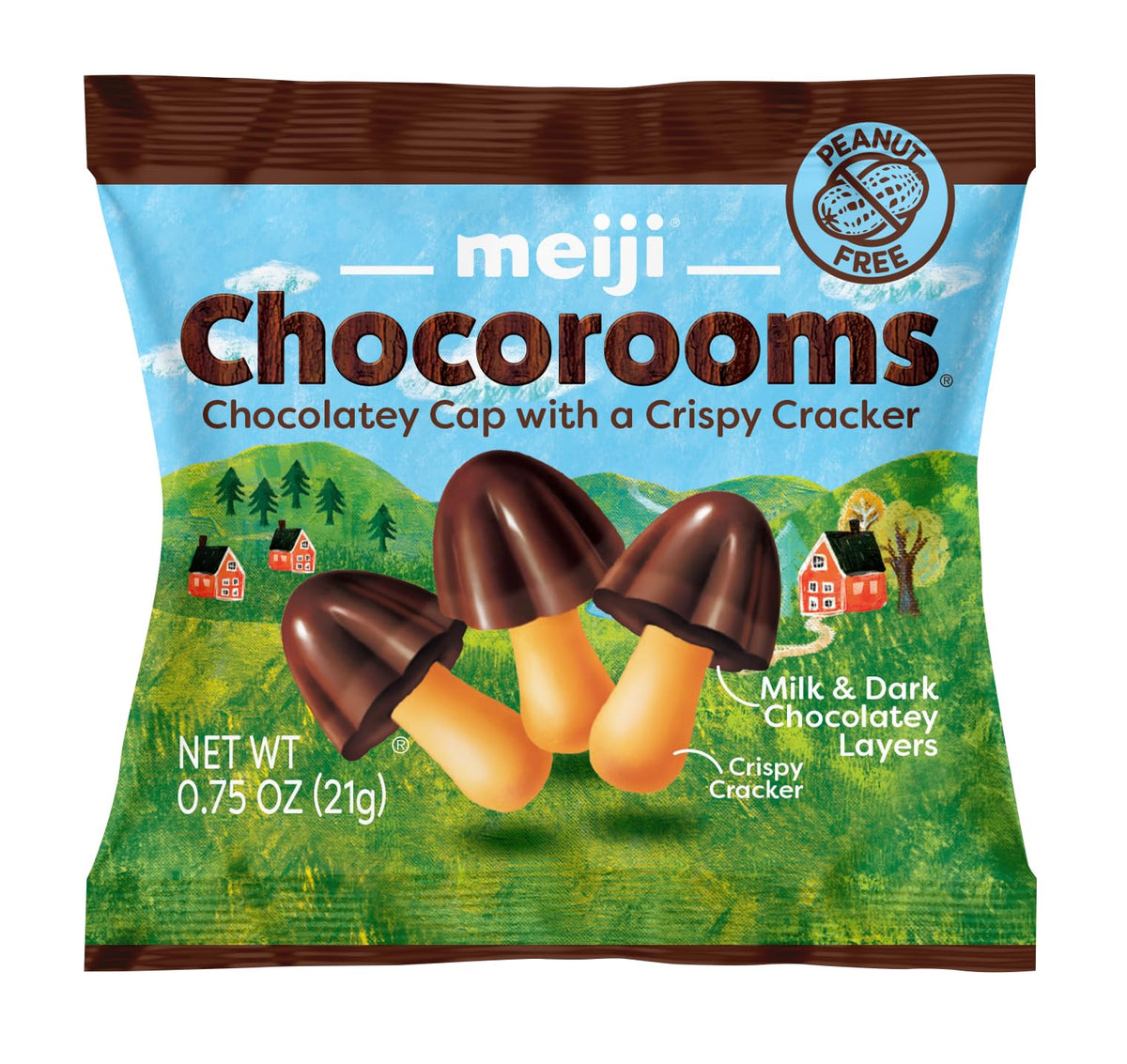 Close-up of Meiji Chocorooms mushroom shell with smooth crème center.