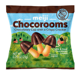 Close-up of Meiji Chocorooms mushroom shell with smooth crème center.