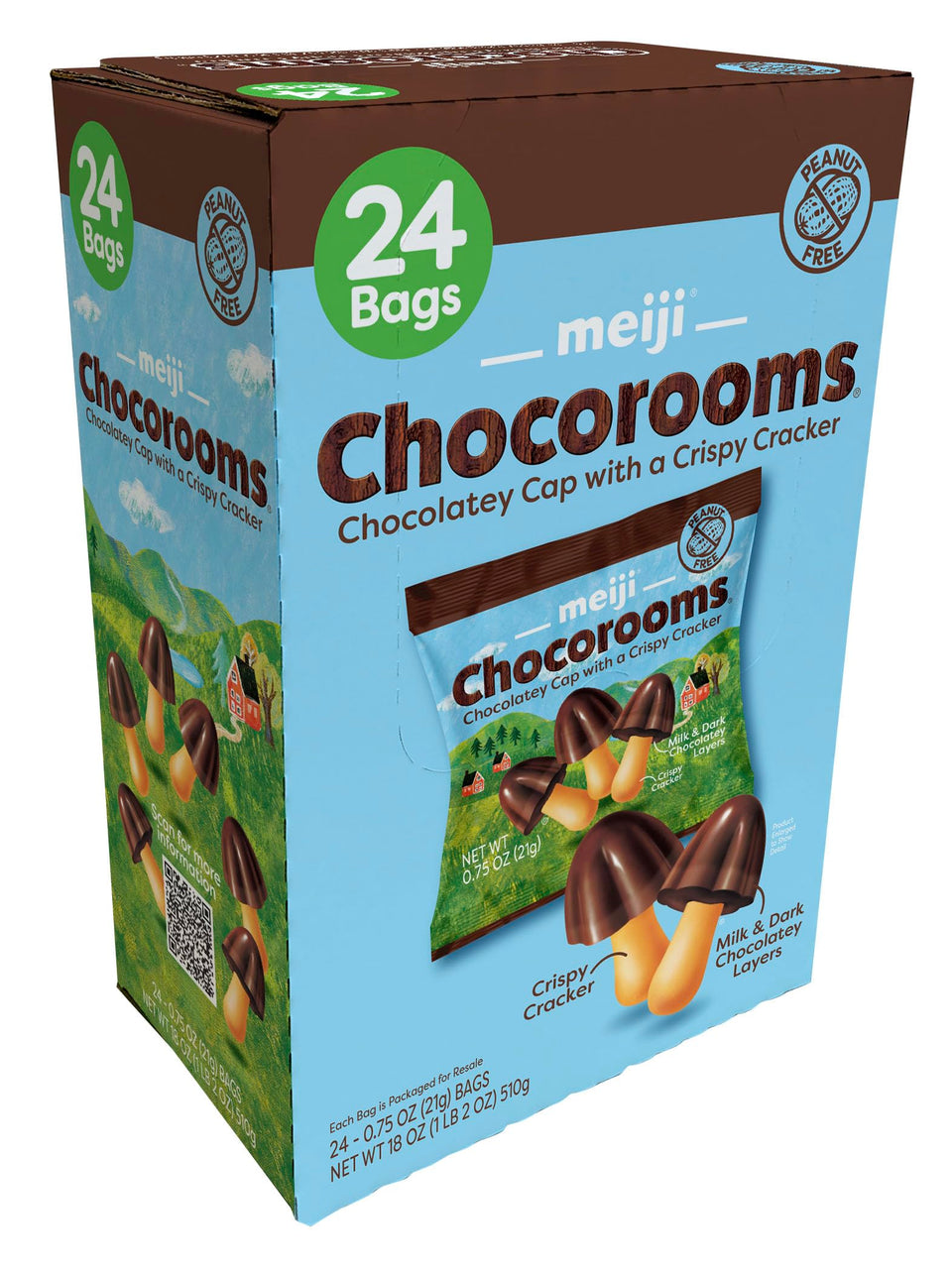 Meiji Chocorooms Crispy Crackers 24-pack prepared for on-the-go snacking.