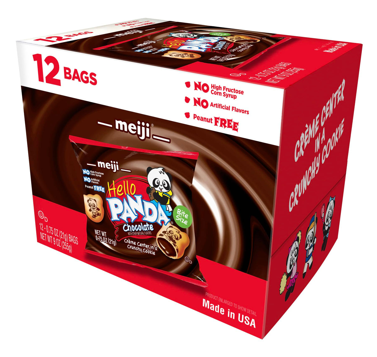 Crunchy outer shell with creamy chocolate center in bite-size panda treats.