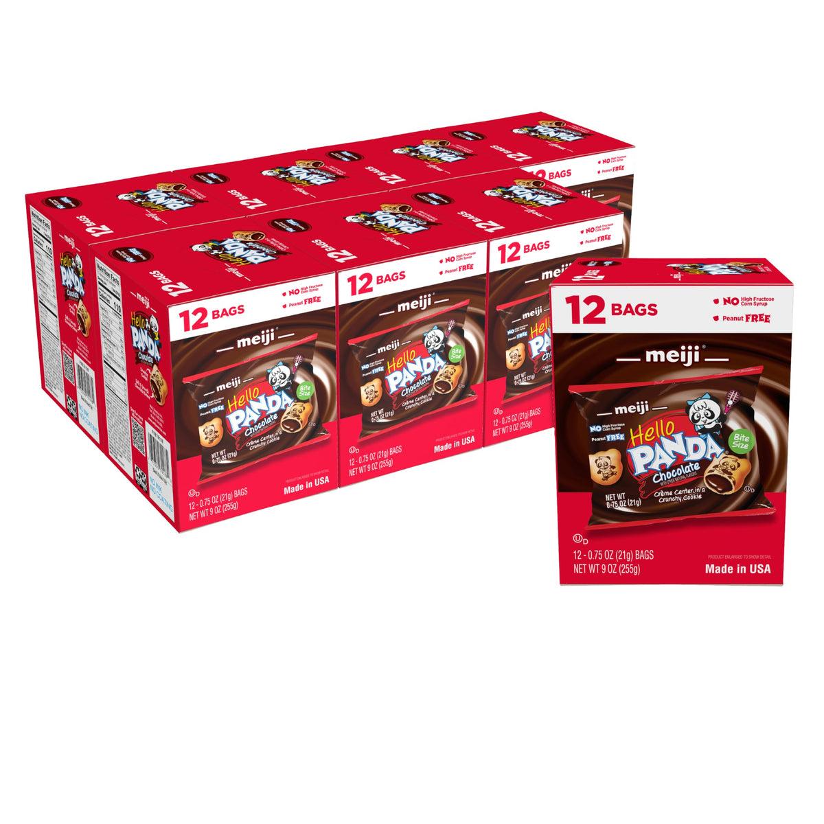 Meiji Hello Panda cookies with chocolate creme center and panda designs for playful snacking.