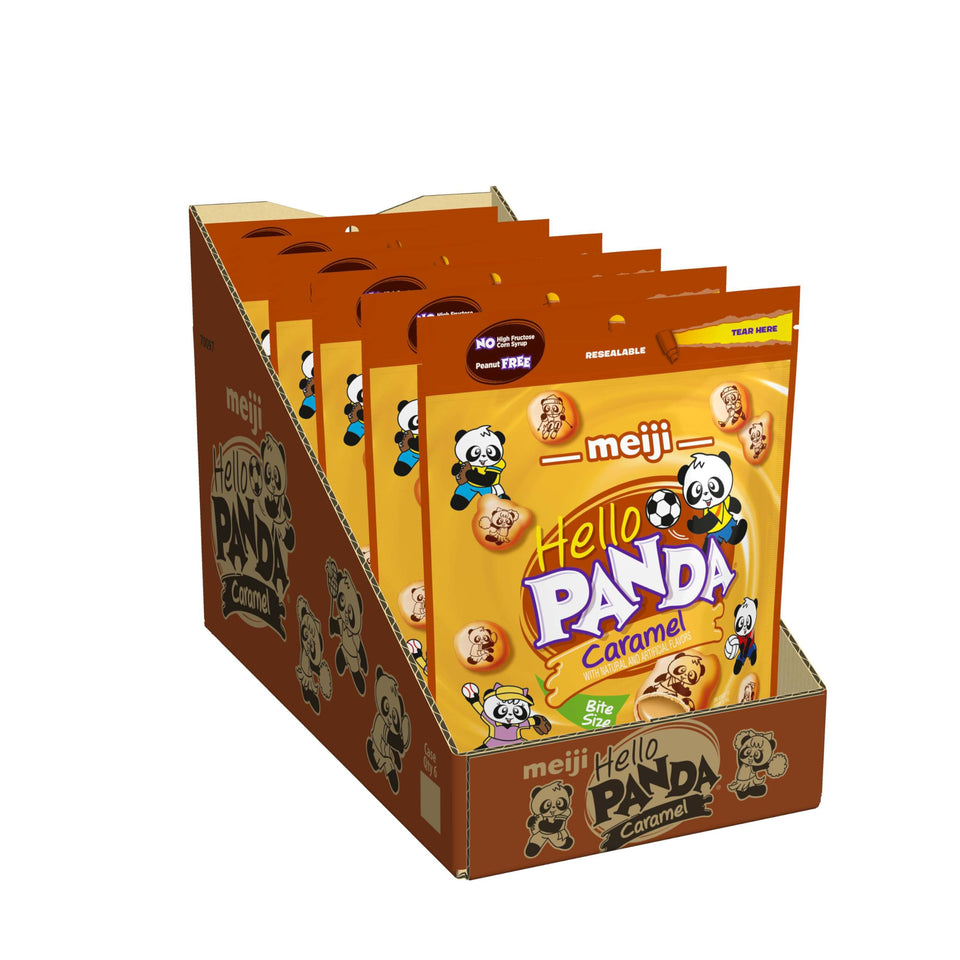 Meiji Hello Panda Cookies creme filled 7 oz pack six resealable pouches for on the go snacking.