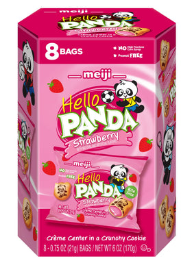 Meiji Hello Panda cookies cross-section reveals strawberry crème and crunchy shell, tempting for curious eaters.