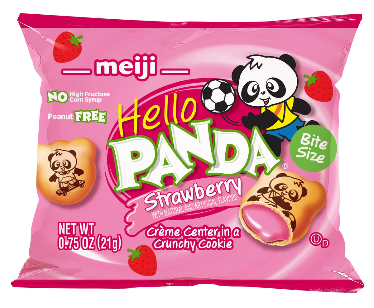 Meiji Hello Panda cookies shell with panda sports drawings, adding playful visual appeal.