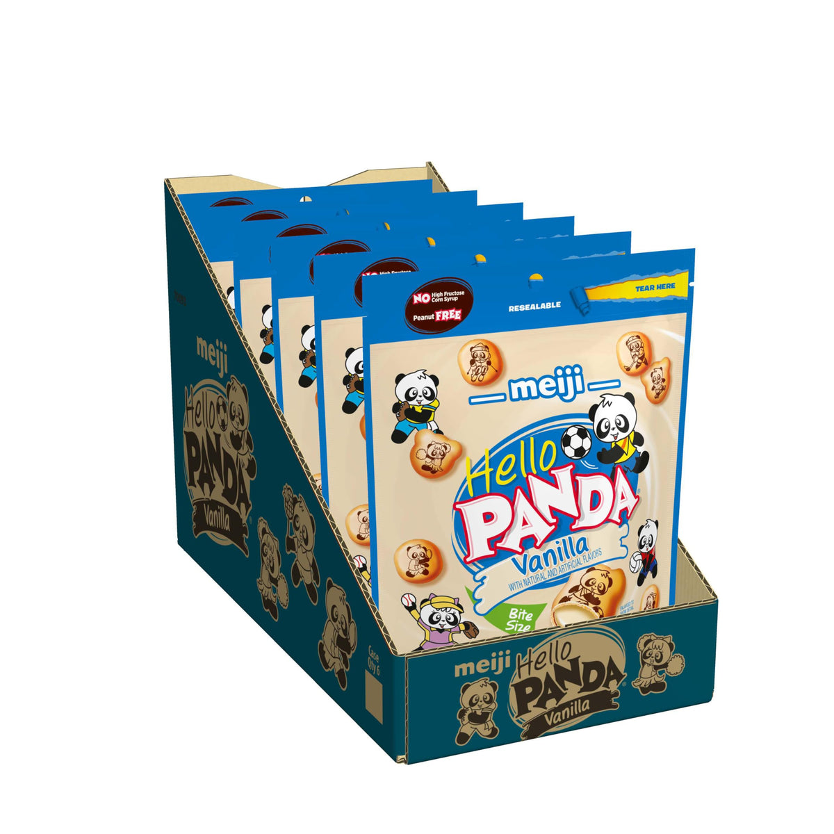 Meiji Hello Panda Vanilla Creme cookies pack six in resealable pouch for easy snacking.