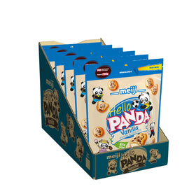 Meiji Hello Panda Vanilla Creme cookies pack six in resealable pouch for easy snacking.