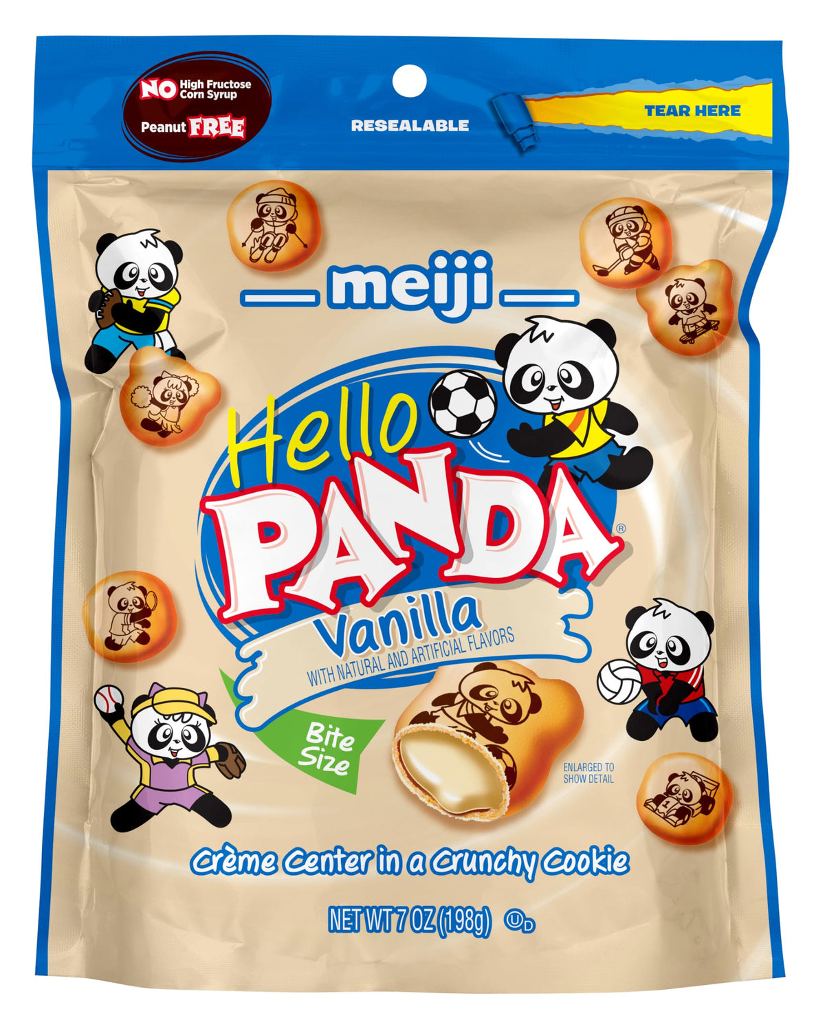Meiji Hello Panda cookies vanilla creme shell close-up shows crunchy texture and inviting bite.