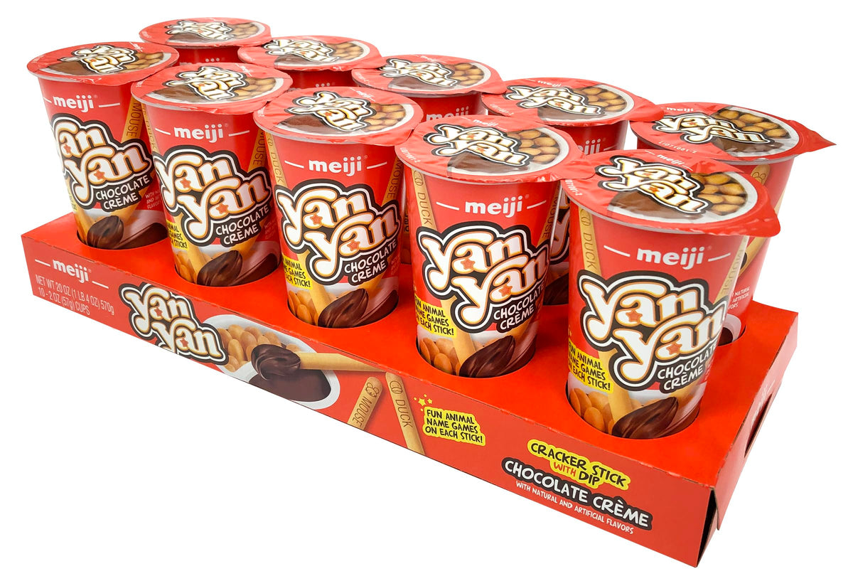 Meiji Yan Yan dipping sticks with chocolate crème in cups for a playful, shareable snack.