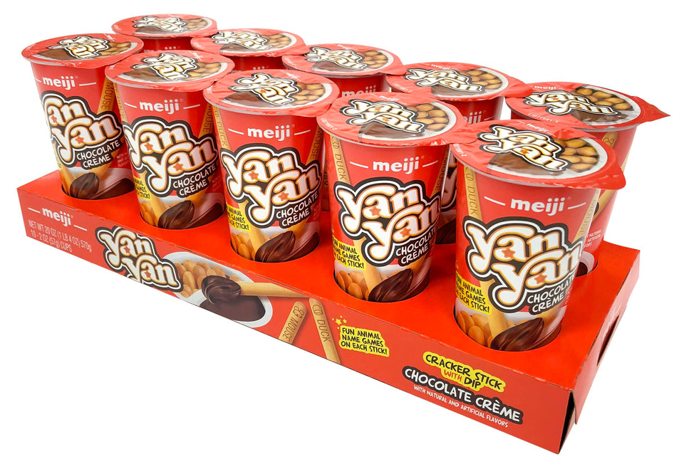 Meiji Yan Yan dipping sticks with chocolate crème in cups for a playful, shareable snack.
