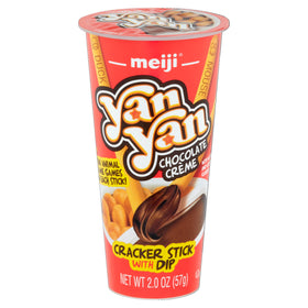 Close-up of Meiji Yan Yan chocolate crème being dipped by crackers.