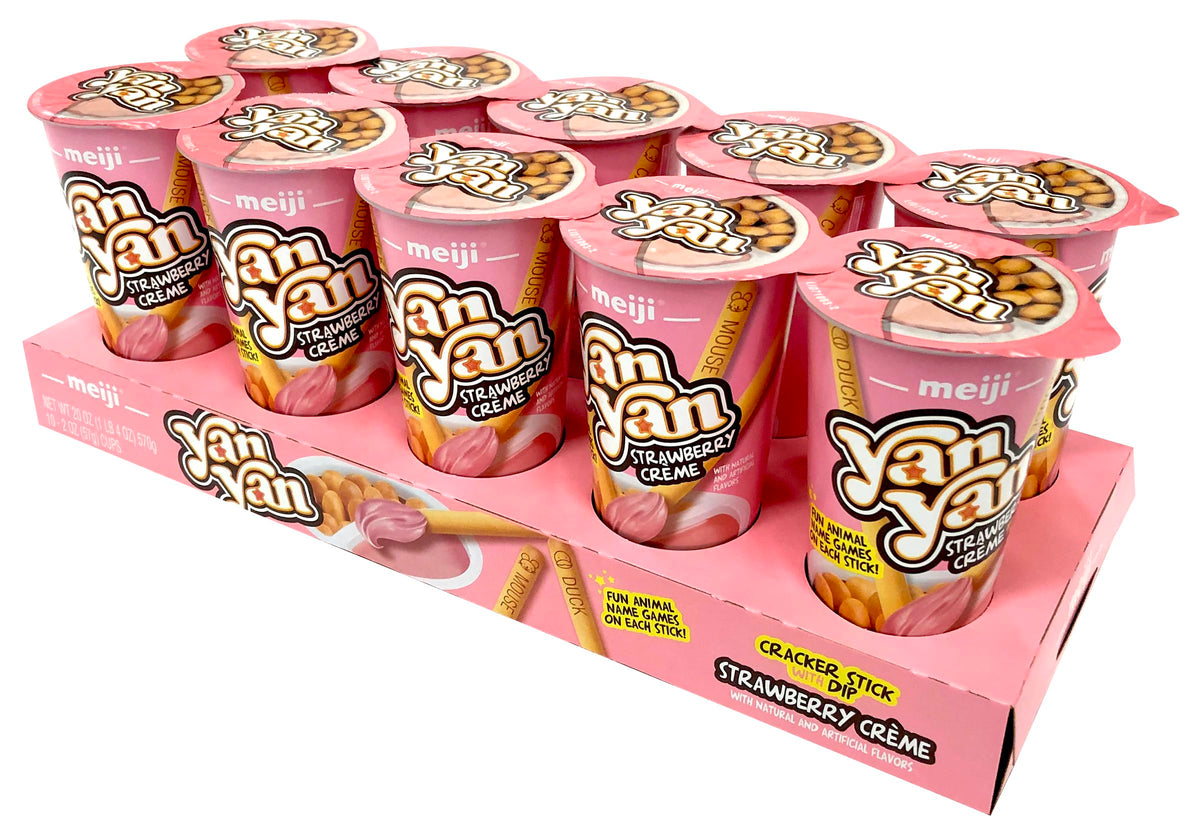 Meiji Yan Yan dipping sticks cup with strawberry crème for dipping and sharing