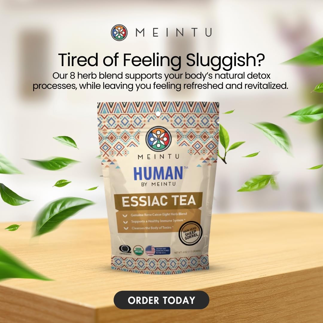 MEINTU Essiac Tea 8-Herb Powder steeped into a warm, caffeine-free cup.