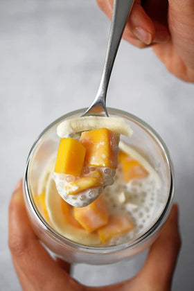 Mekoman tapioca pearls in Che Chuoi dessert with banana and coconut milk