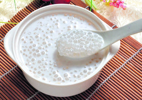 Mekoman sago pearls for Sakoo Piek, Thai coconut pudding with chewy pearls.
