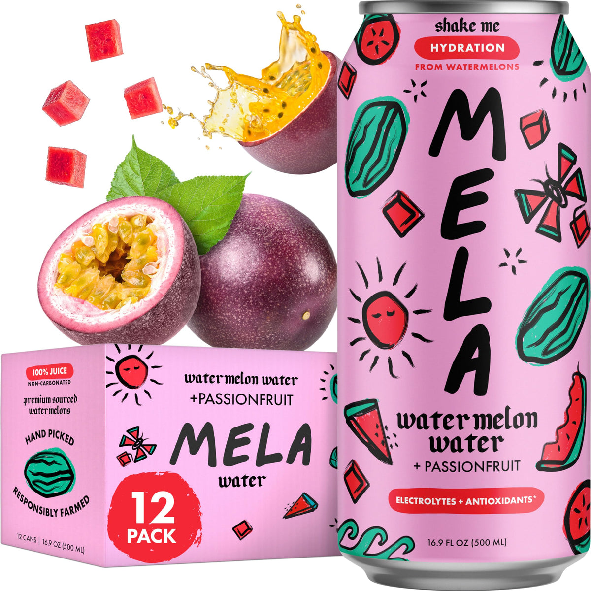 Mela Watermelon Water bottle pour shows refreshing hydration with natural fruit juice suitable after workouts.