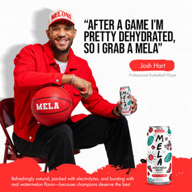 Mela Watermelon Water electrolytes graphic illustrating hydration support for workouts.