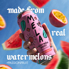 Mela Watermelon Water glass on ice demonstrates a cool, everyday refreshment option.