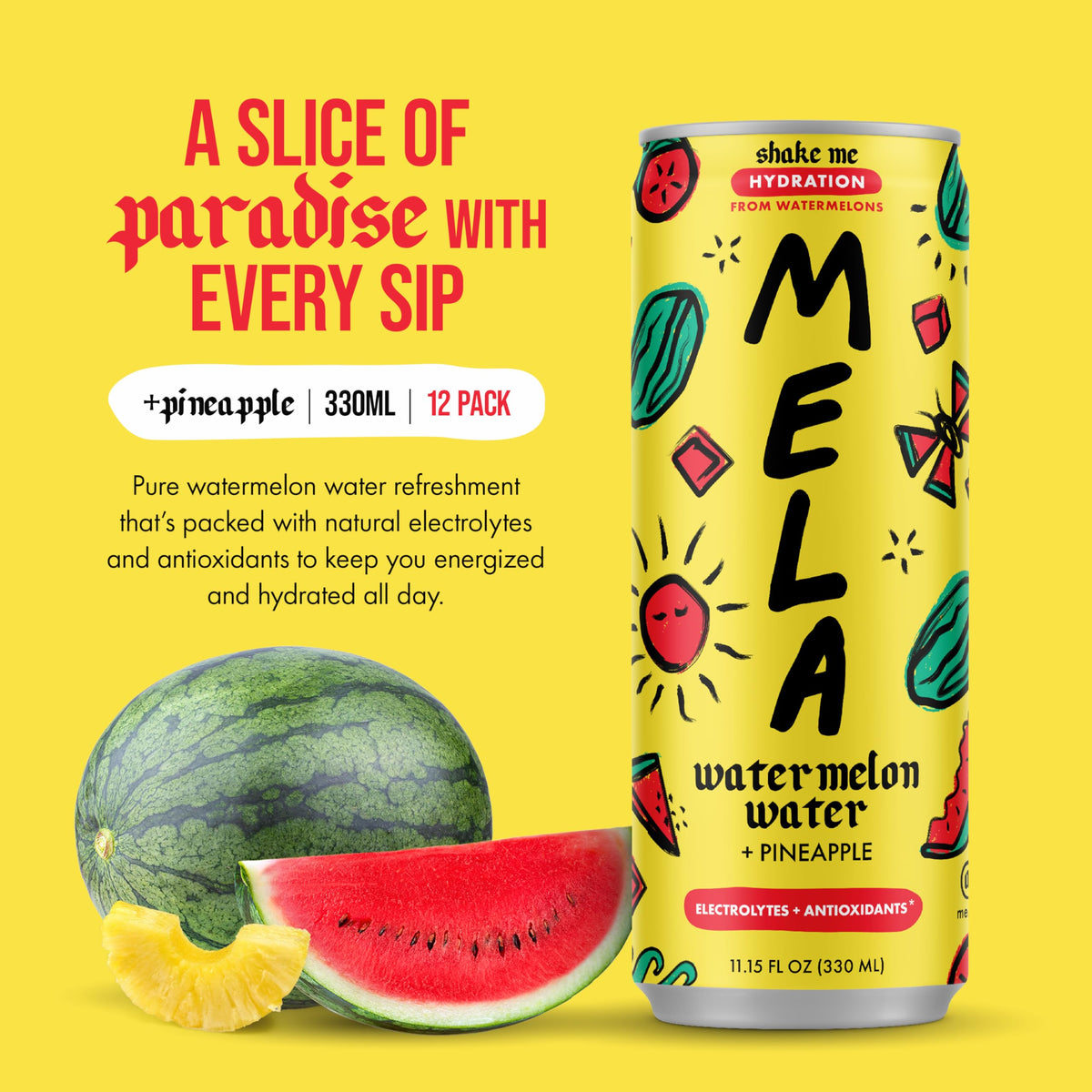 Mela Watermelon Water glass with ice shows cool, fruit-forward hydration.