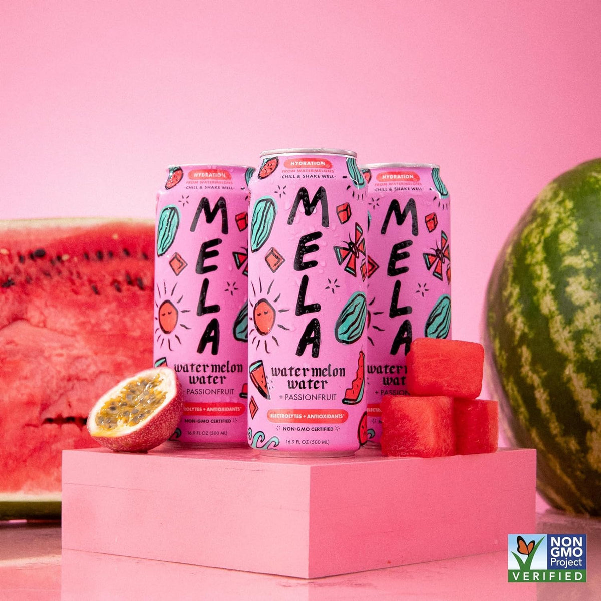 Mela Watermelon Water ingredients close-up highlights real fruit juice and simple, clean ingredients.
