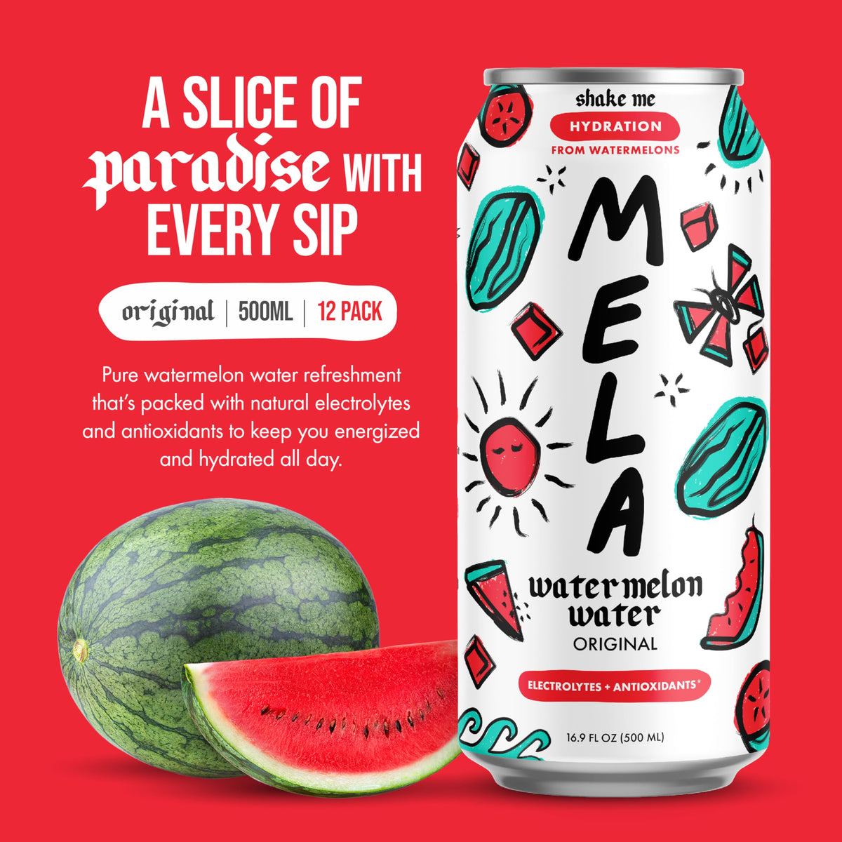 Mela Watermelon Water ingredients label highlighting non-GMO and gluten-free formulation.