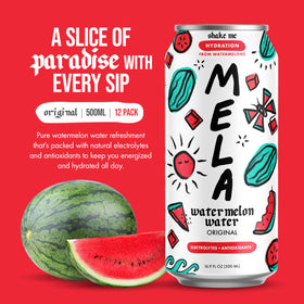 Mela Watermelon Water ingredients label highlighting non-GMO and gluten-free formulation.