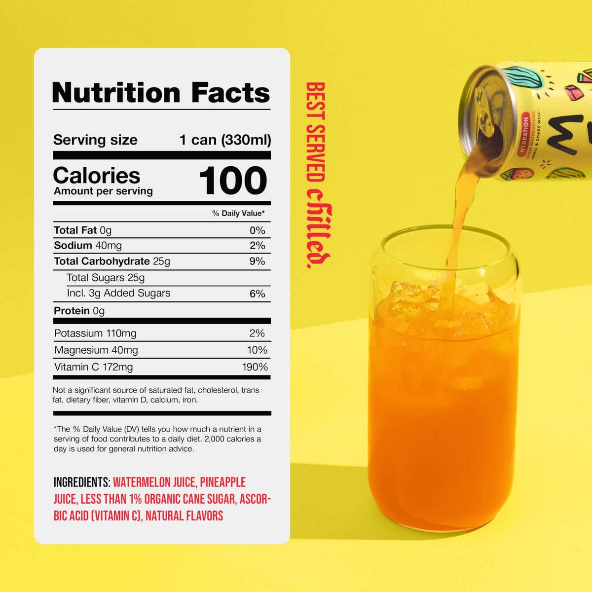 Mela Watermelon Water ingredients panel highlights non-GMO and gluten-free.